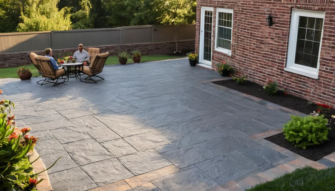 Stamped concrete patio with a stone slate pattern beside a ranch home in the Elyria area